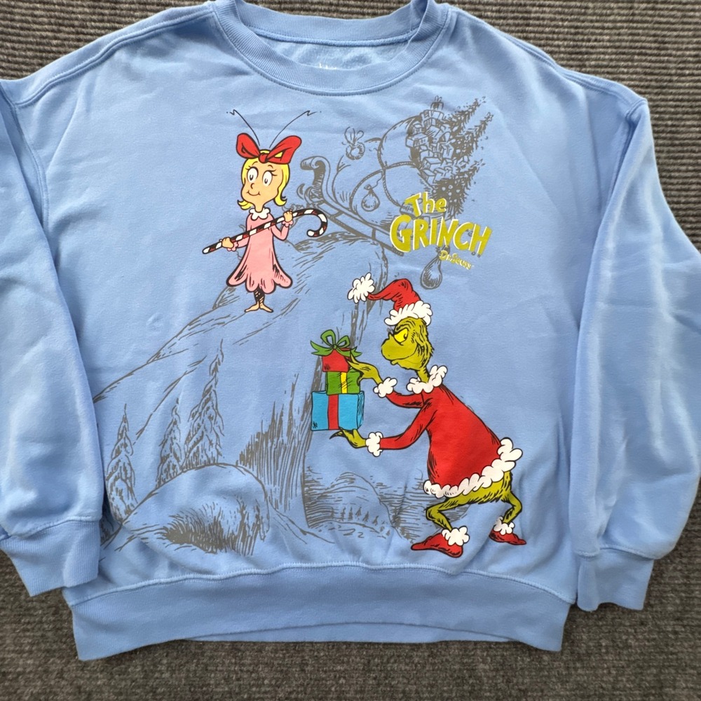 The Grinch Dr Seuss Christmas Sweatshirt M Blue 2-Sided Graphic 3D Puff Print